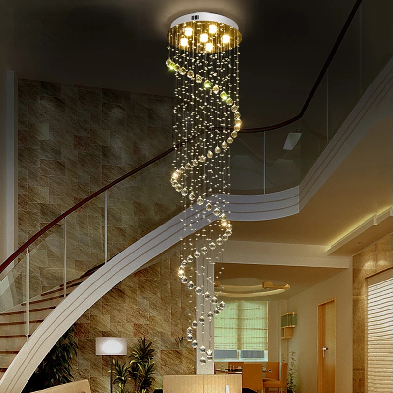 Staircase Crystal Long Chandelier Compound Staircase Hanging Wire Crystal Lamp Villa Rotary Staircase Chandelier