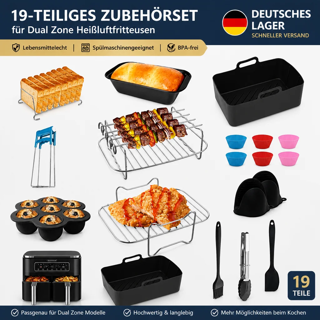 19-teiliges Dual-Heißluftfritteusen-Zubehörset 20x13x7cm Silikon-Einlagen Grillspieße Brotform Kuchenformen Handschuhe Werkzeuge für Ninja Tower Instant Vortex