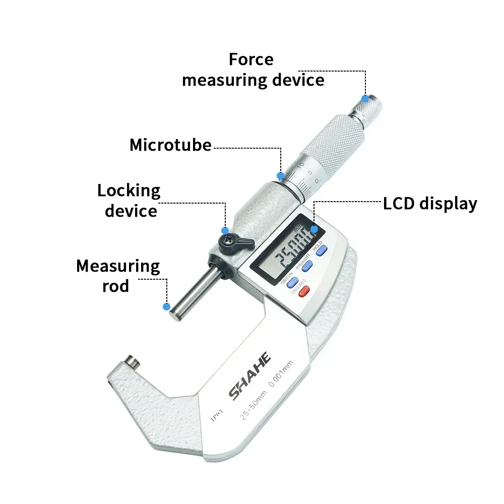 Shahe IP65 Waterproof 25-50 mm Outside Micrometer Electronic 0.001 mm Micron Outside Micrometer Caliper Gauge