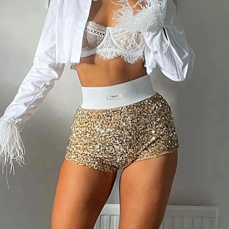 2025 Summer Women Mini Shorts Fashion Trend Sequined High Waist Glitter Clothing Sexy Skinny Party Nightclub Shorts Streetwear