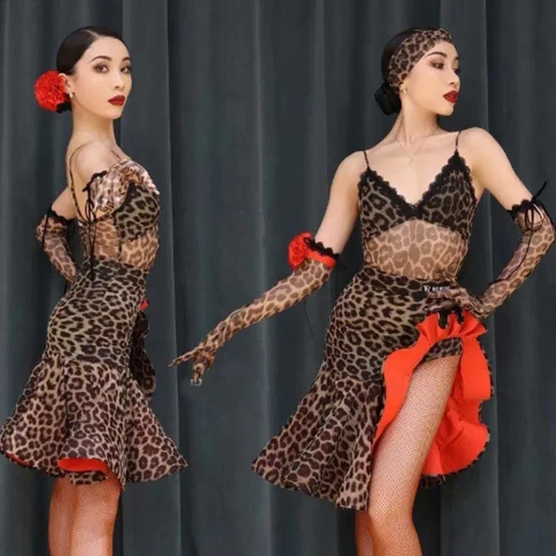 

New Latin Dance Dress Women Leopard Tops Skirt Adult Performance Costume Rumba Tango Cha Cha Competition Dress Prom Wear NV18265