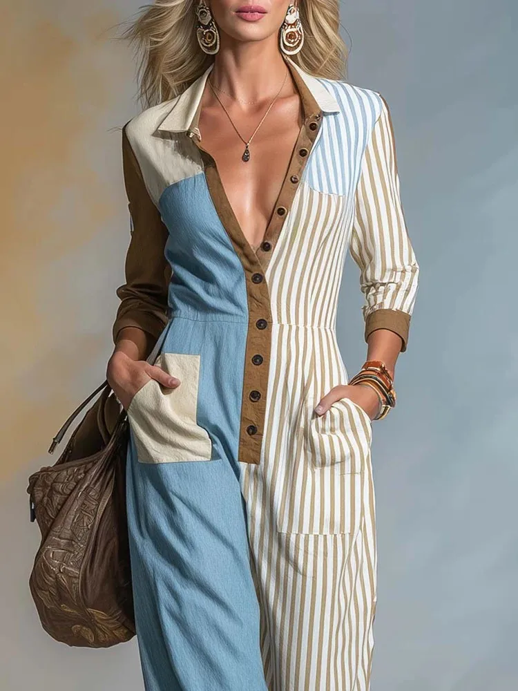 Ladies Contrast Patchwork Wide Leg Jumpsuit with Lapel Collar Long Sleeve Button Front Casual Rompers