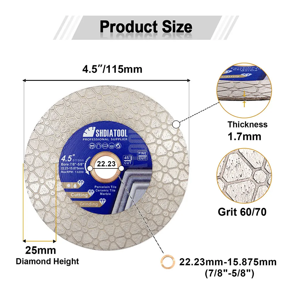 SHDIATOOL Dia115mm قرص قطع طحن الماس 1/2/5 قطعة شفرة المنشار مزدوجة الجانب سيراميك الرخام 4.5 بوصة قاطع القرص الدائري
