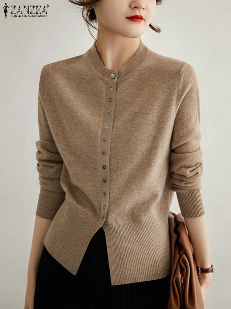 ZANZEA Elegant Casual Long Sleeve Knitted Shirt Spring Office Work Blouses Women Stylish Buttons Up Blusas Solid Slim Fit Tops