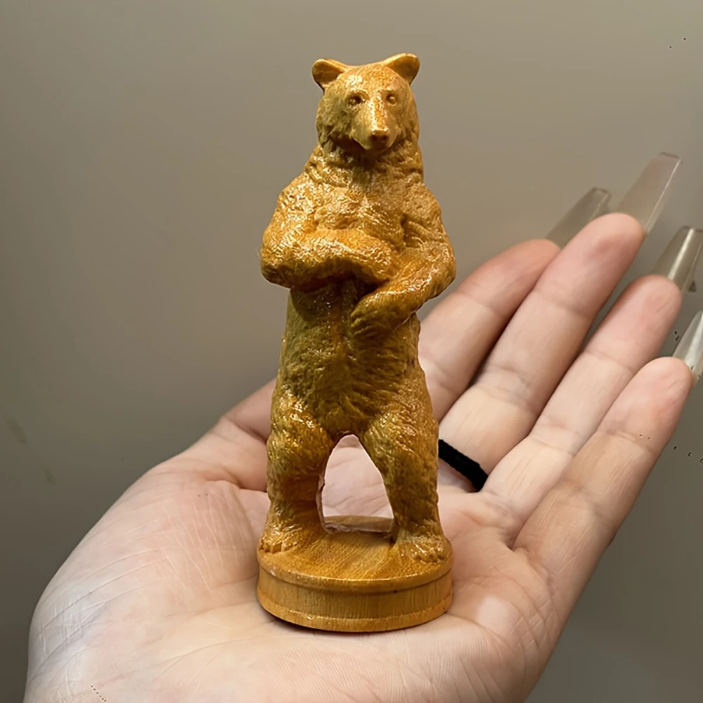 Wooden Standing Bear Statue Ornament Hand-Carved Home Decoration Creative Collectible Gift Bear-Shaped Artwork