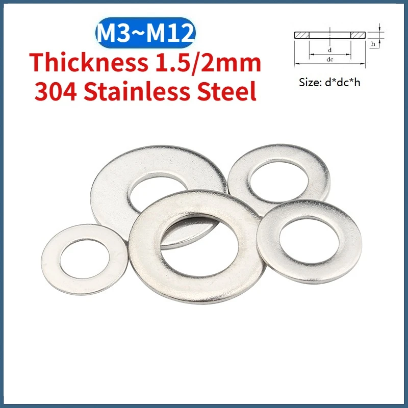 Beicai 1~50pcs M3 M4 M5 M6 M8 M10 M12 304 A2 Stainless Steel Flat Washer Plain Gasket Thickness 1.5/2mm
