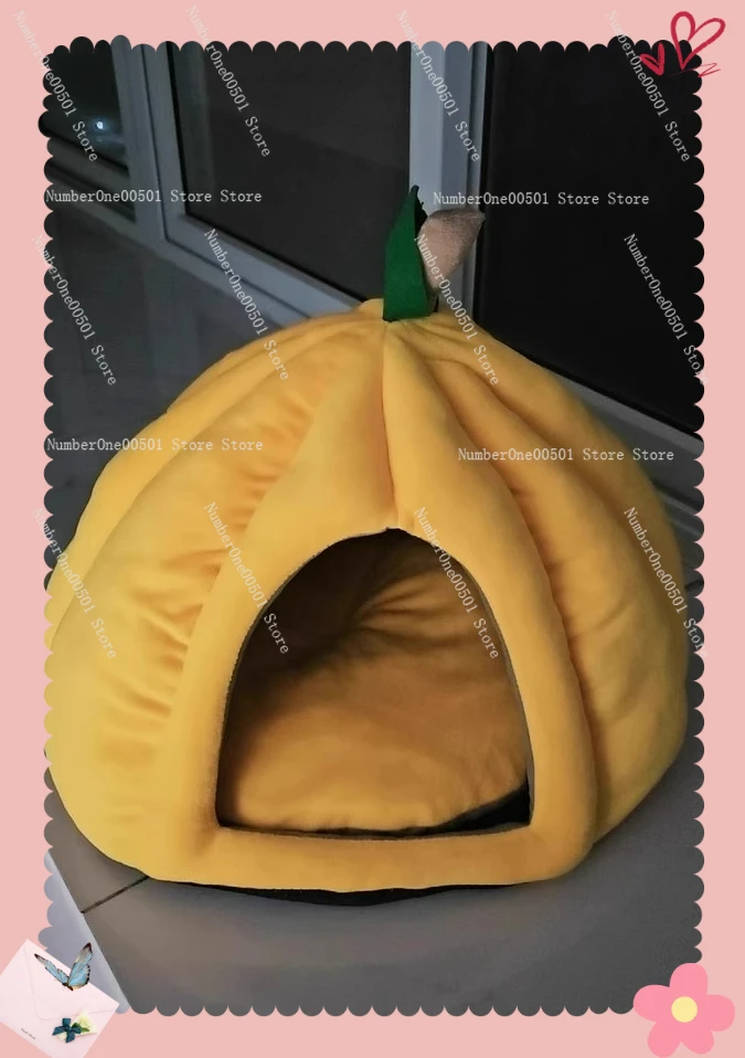 

Для домашних кошек, удобная закрытая кровать для кошек, зимний теплый спальный мешок в форме тыквы, всесезонный безопасный домик для домашних животных