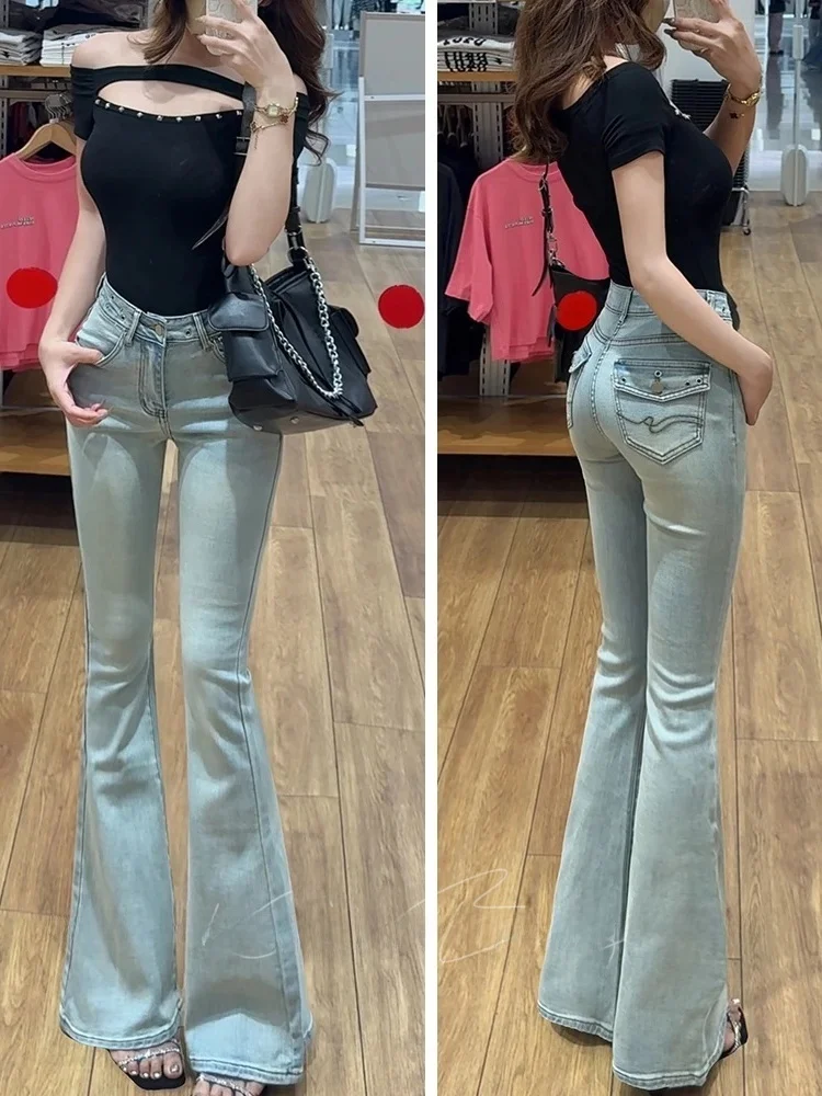 High Waist Micro Flare Jeans Women's Elastic Slimming Embroidered Pocket Denim Pants mid Stretch Cotton Twill Spring Season