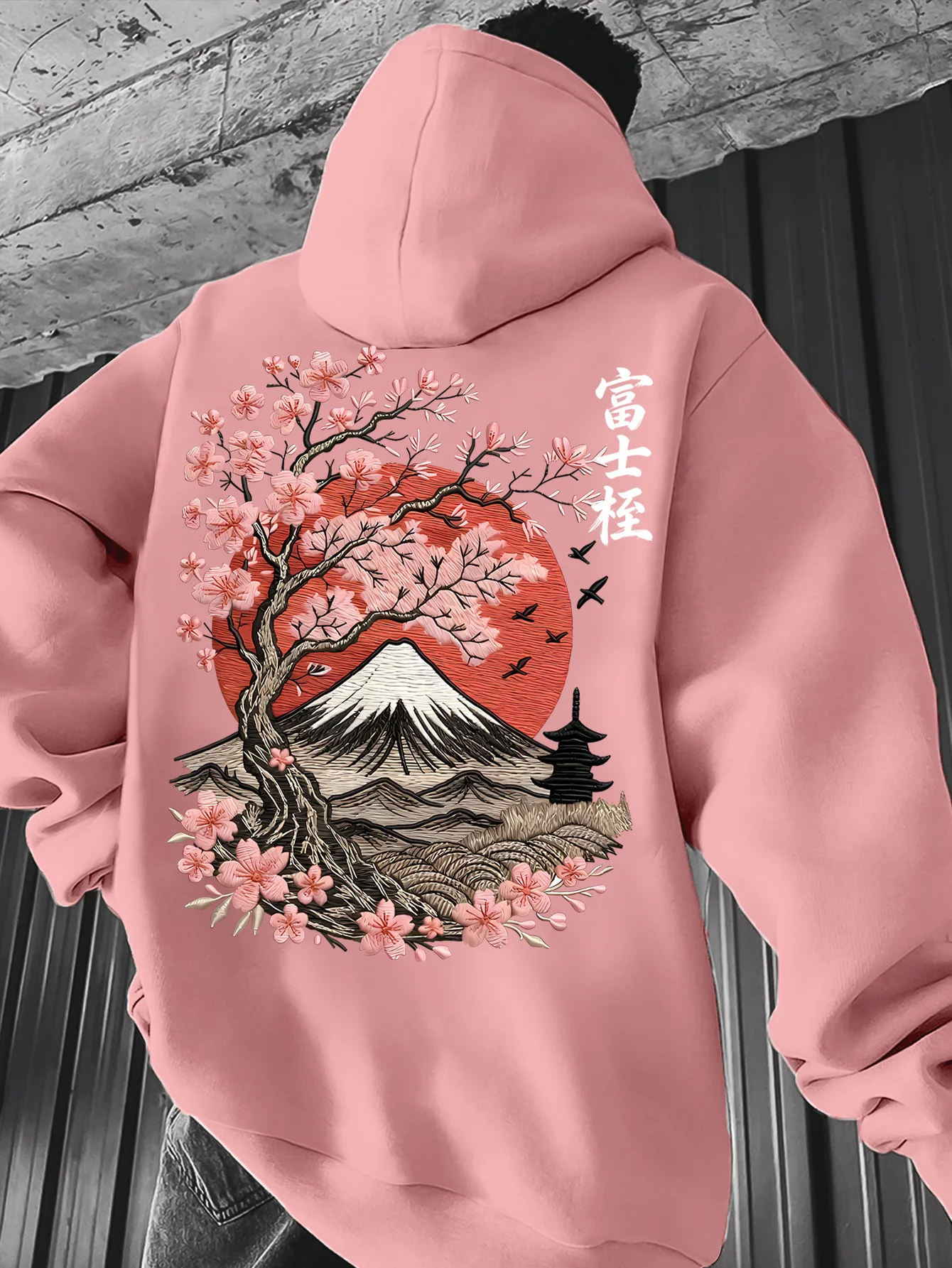 Relaxed,loose,soft and comfortable men's hooded sweater with Japanese Mount Fuji print,trendy street fashion style hooded hoodie