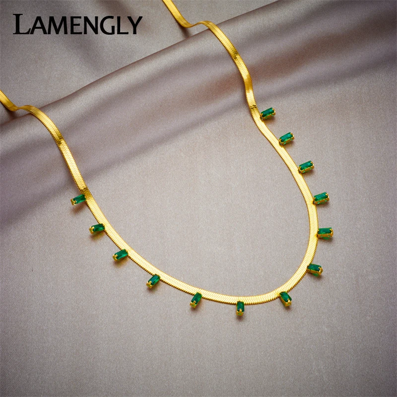 LAMENGLY 316L Stainless Steel Square Green Crystal Choker Necklace For Women New Trend Non-fading Snake Chain Jewelry Party Gift