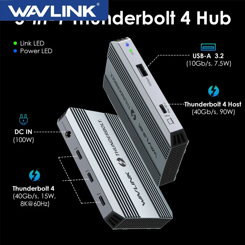 

Док-станция WAVLINK 5 в 1 для ноутбука Thunderbolt 4, 90 Вт, зарядка PD, одиночный 8K или двойной дисплей 4K для MacBook Pro/Air M1 M2 M3