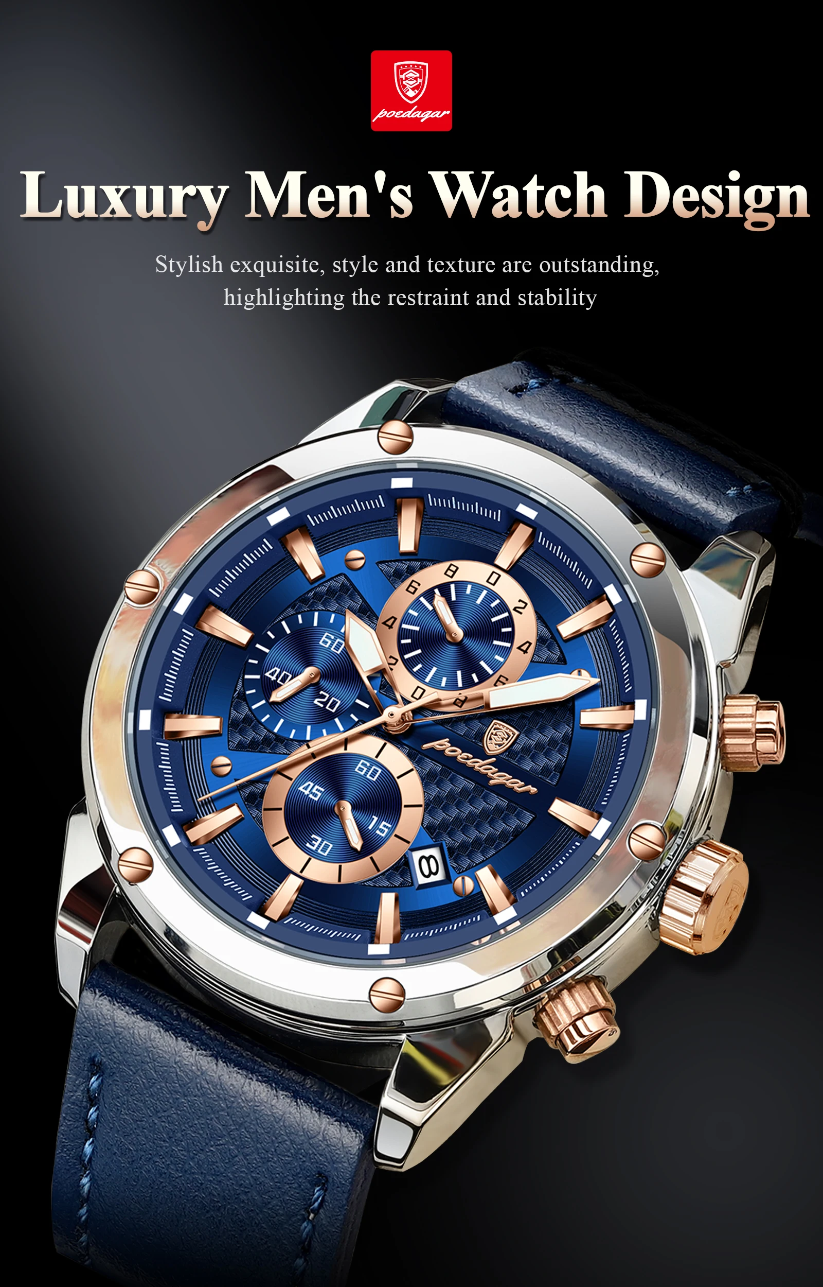 POEDAGAR Business-Mann-Uhr, wasserdicht, leuchtend, Chronograph, Datum, Original-Uhren für Herren, Leder, Luxus-Herren-Quarz-Armbanduhr – Detail 2
