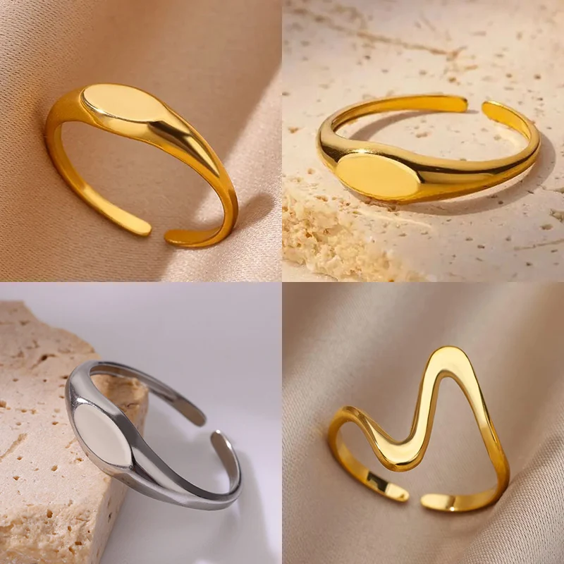 Anéis Oval de Aço Inoxidável para Mulheres, Anel de Abertura Geométrica, Jóias Declaração Do Casamento, Cor Dourada, Tendência Da Moda, BFF, 2024