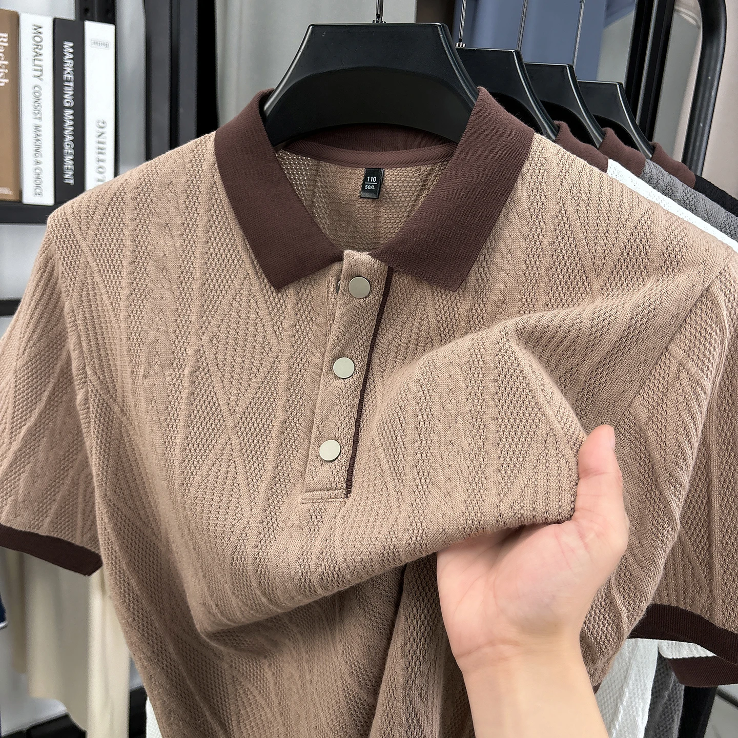 Fashionable new men's knitted polo short sleeved skin friendly and comfortable business casual lapel top