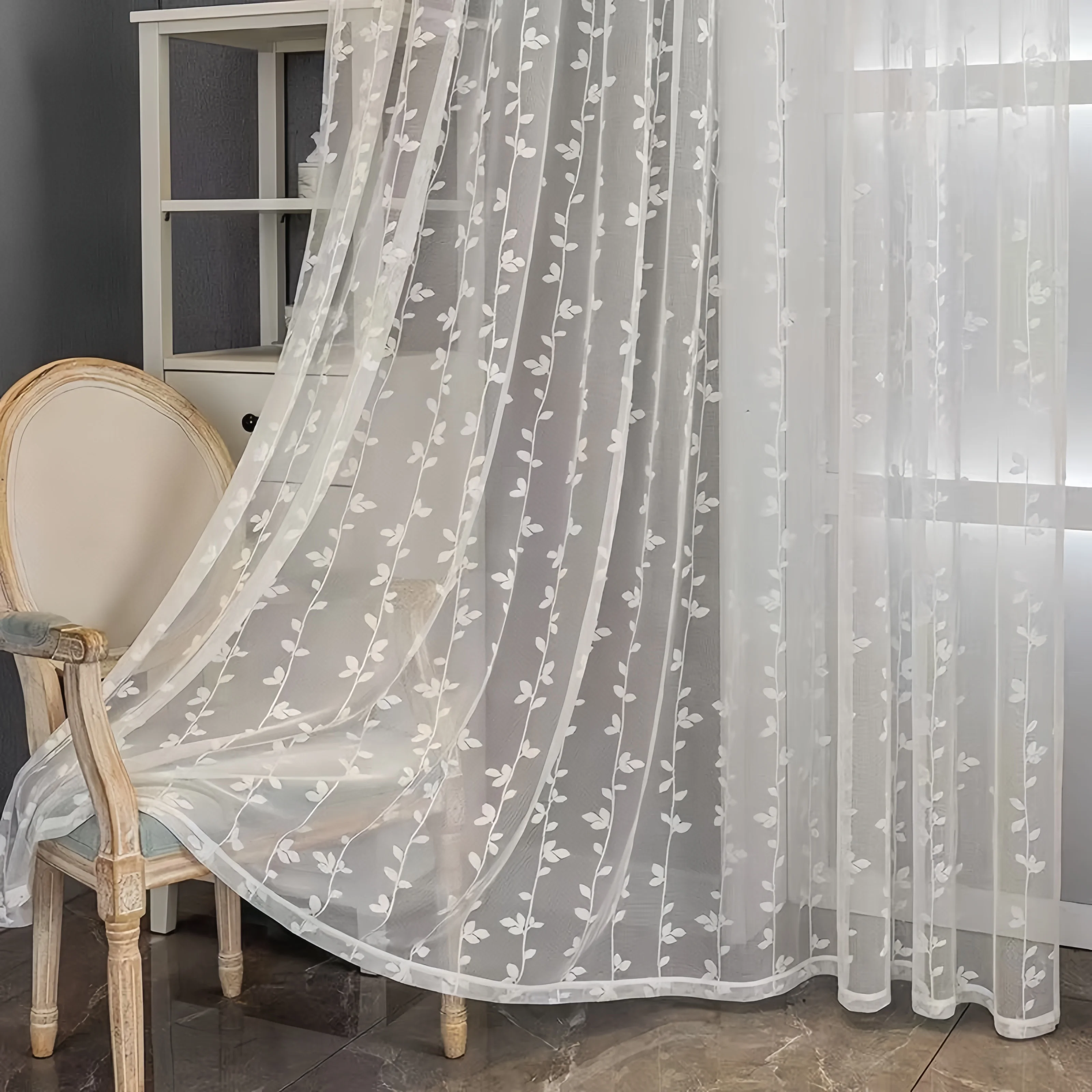 1 Stück koreanischer verträumter geprägter Blattmuster-Schlafzimmer-Lichtfiltervorhang, moderner minimalistischer Stil für Wohnzimmer, Balkon, Fenster