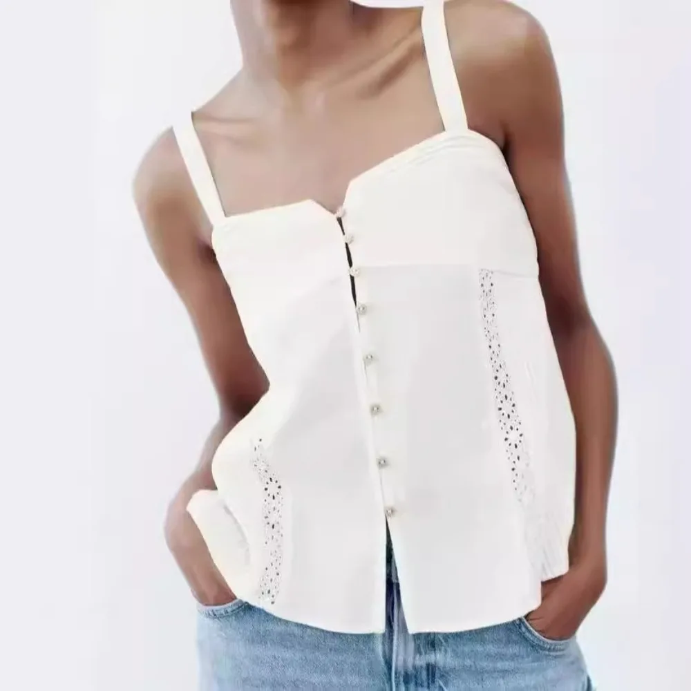 2024 Summer New Women\'s Fashion Versatile Single Breasted Embroidered Mesh Spliced Lace Sling Top