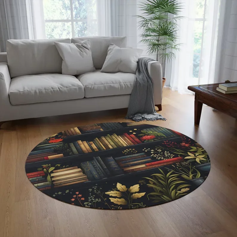 Round Floral Bookshelf Rug with Non-Slip Base – Stylish Home Decor Carpet for Cozy Living Spaces
