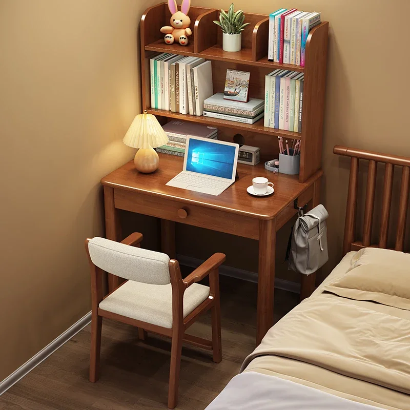Household small apartment solid wood desk with bookshelf writing desk computer desk student desktop simple and modern