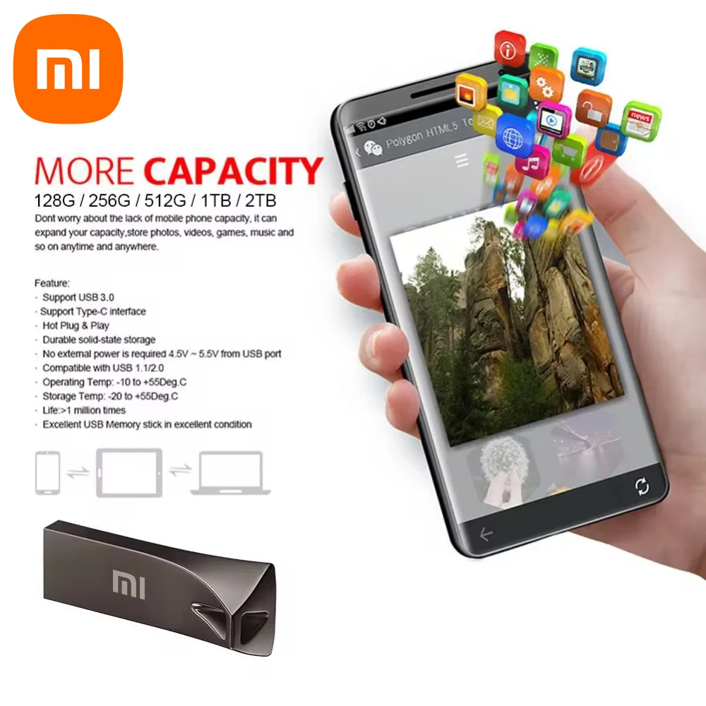 Xiaomi ไดรฟ์ปากกา3.0 USB โลหะ2TB แฟลชไดรฟ์ USB ความเร็วสูงต้นฉบับ1TB กันน้ำ USB Memory Stick ถ่ายโอนข้อมูล