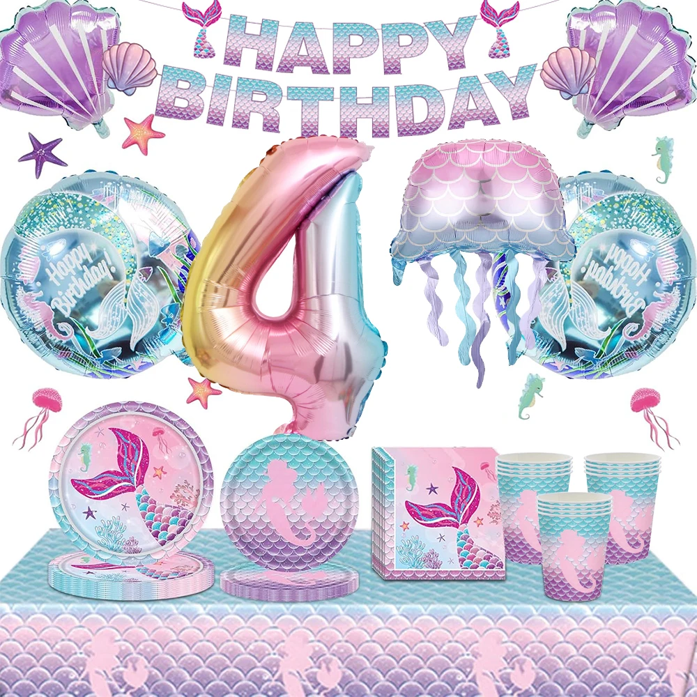 Meerjungfrau Geburtstag Party Dekoration Geschirr Teller Servietten Anzahl Folien Ballons Mädchen Geburtstag Party Dekore Baby Dusche Liefert – Detail 2