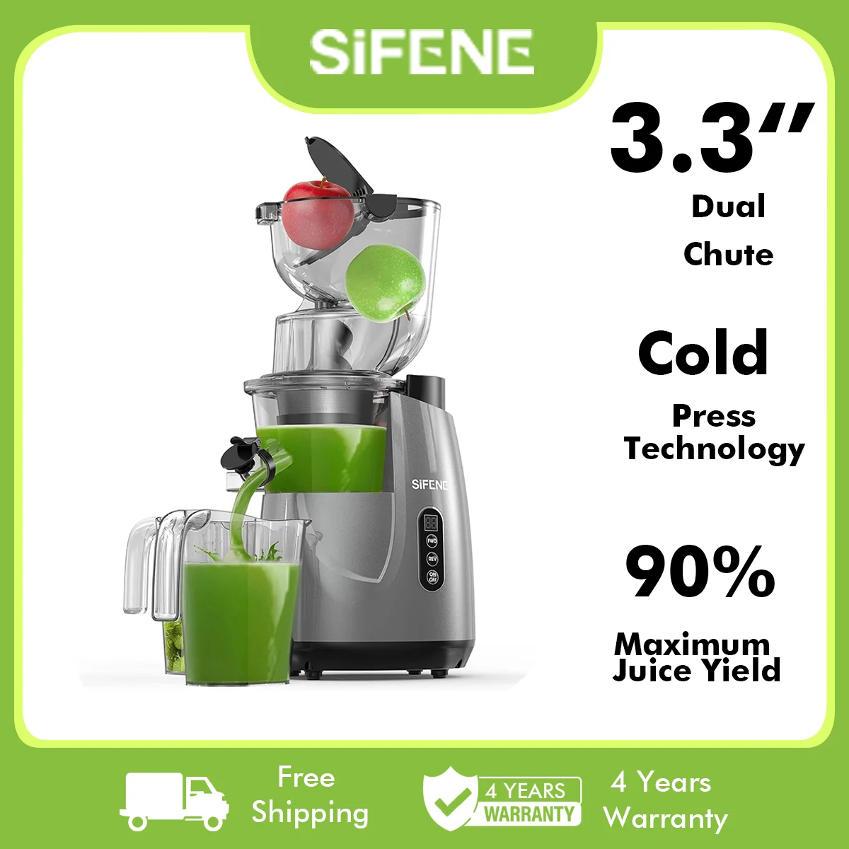 SiFENE Cold Press Juicer Machine, Large 3.3in Feed Chute, High Juice Yield, Quiet Operation, Easy to Clean, Gray