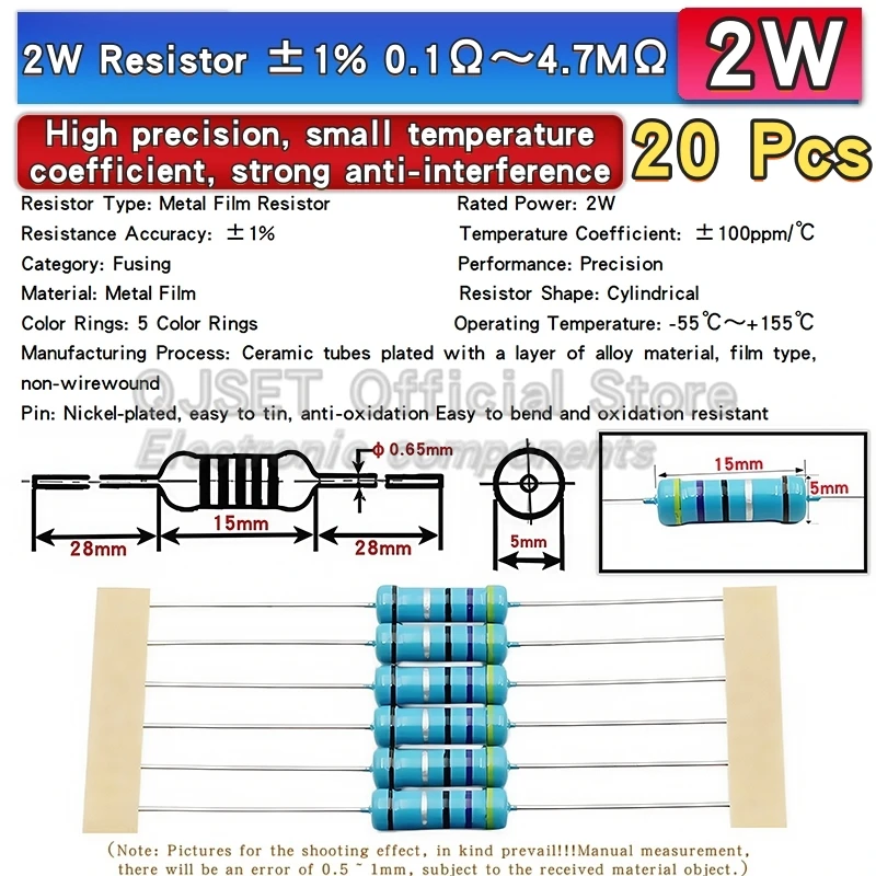 20 個 2 ワット金属皮膜抵抗器 1% 10 47 100 22 470 オーム 1K 4.7K 10K 22k 47K 100k 200k 510k 470k 910k 1M オーム 5 カラーリング抵抗器