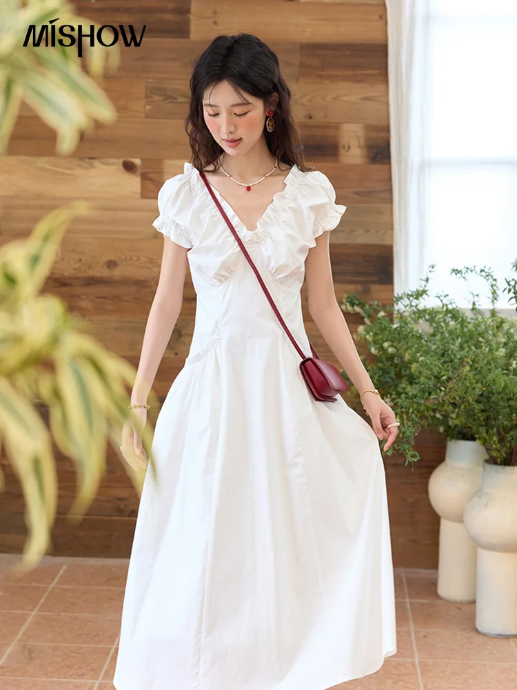 MISHOW Fashion V-neck Dresses for Women 2025 Summer New Office Lady Puff Sleeve Slim Midi Dress Women's Clothing MXD29L1934