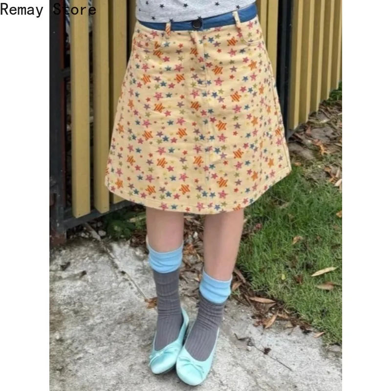 Summer Korean Fashion Kawaii Y2k Design Women's Skirt Chic Star Print Denim A-line 2000s Aesthetic Sweet Yellow Female Skirt New
