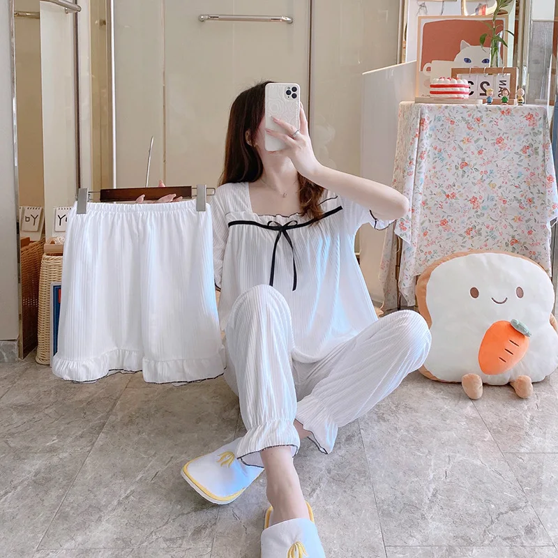 Women\'s Three-Piece Pajamas Female Summer New Sweet Solid Colour Short-Sleeved Shorts Trousers Ladies Casual Homewear Set