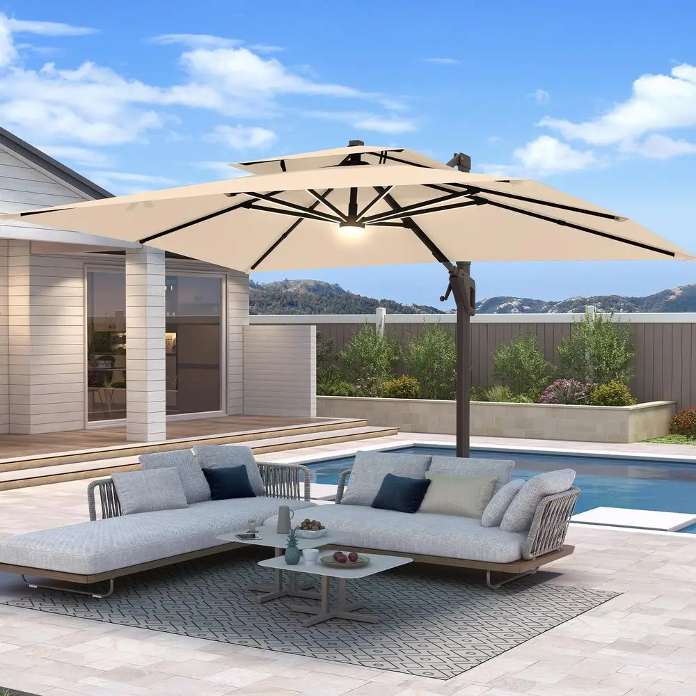 

Choice Products 10x10ft Cantilever Patio Umbrella w Base Included, Solar LED Lights 360 Rotation Large Offset Hanging Outdoor S