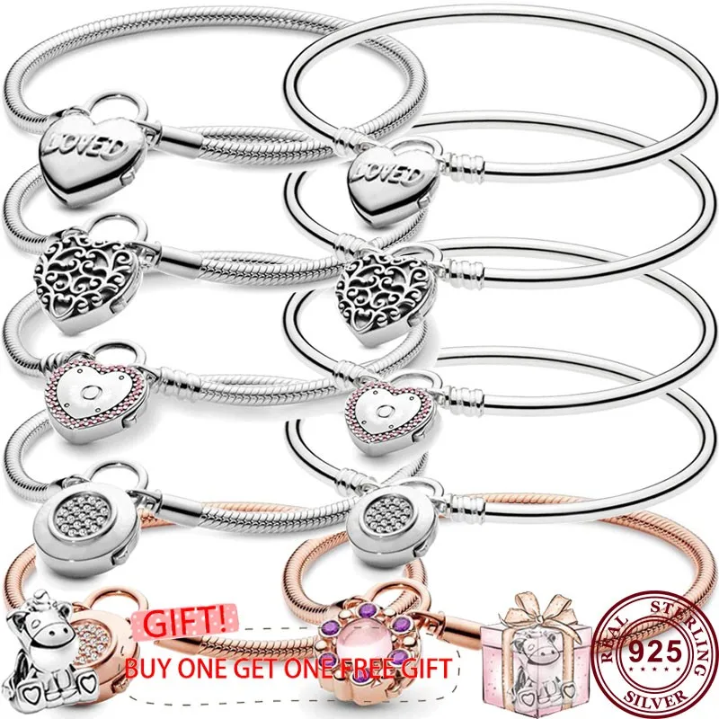 

Hot Selling 925 Sterling Silver Shining Love Heart Oath Original Women's Logo Padlock Bracelet Engagement DIY Charm Jewelry