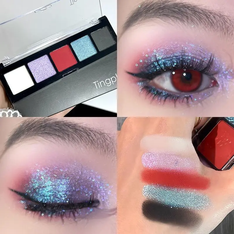 Smoke Black Blue Eyeshadow Palette 5-colors Waterproof Pearlescent Shimmer Shiny Red Eye Shadow Contour Pigments Korean Makeup