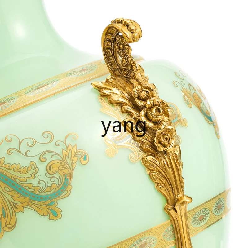 Yjq Classical Glass Inlaid Copper Handicraft Flower Arrangement Home Decoration Vase