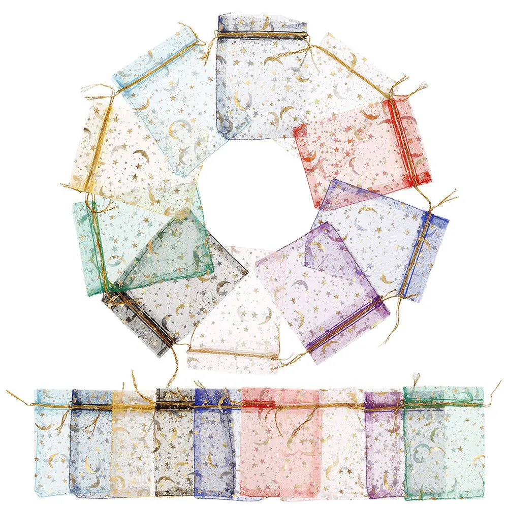 

100 шт. сетчатых мешочков для украшений, органзовых мешочков со звездами и луной, на завязках, для свадеб, детских праздников, мини-саше для хранения, держатели для конфет, для вечеринок