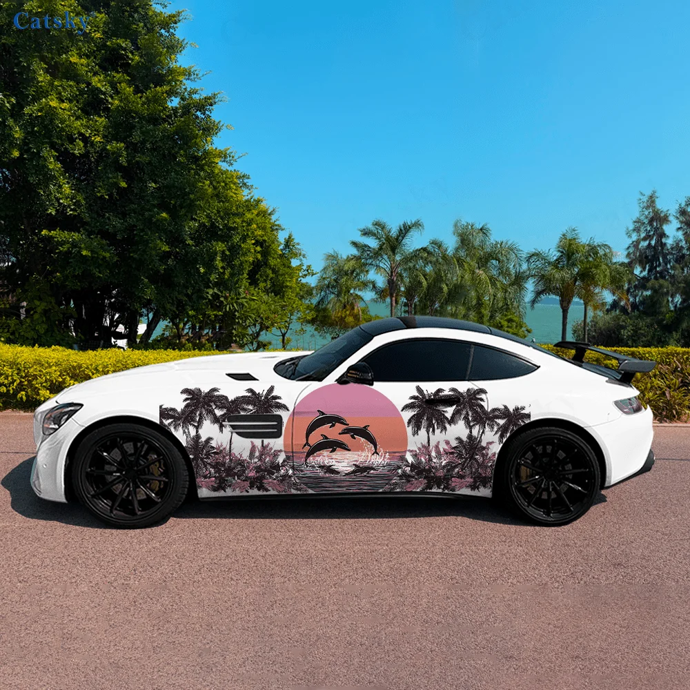 

Coconut Tree Dolphin Sunset Car Side Sticker Decor,PVC Waterproof Scratch Resistant Decal,Car Protection,Auto Accessories Gift