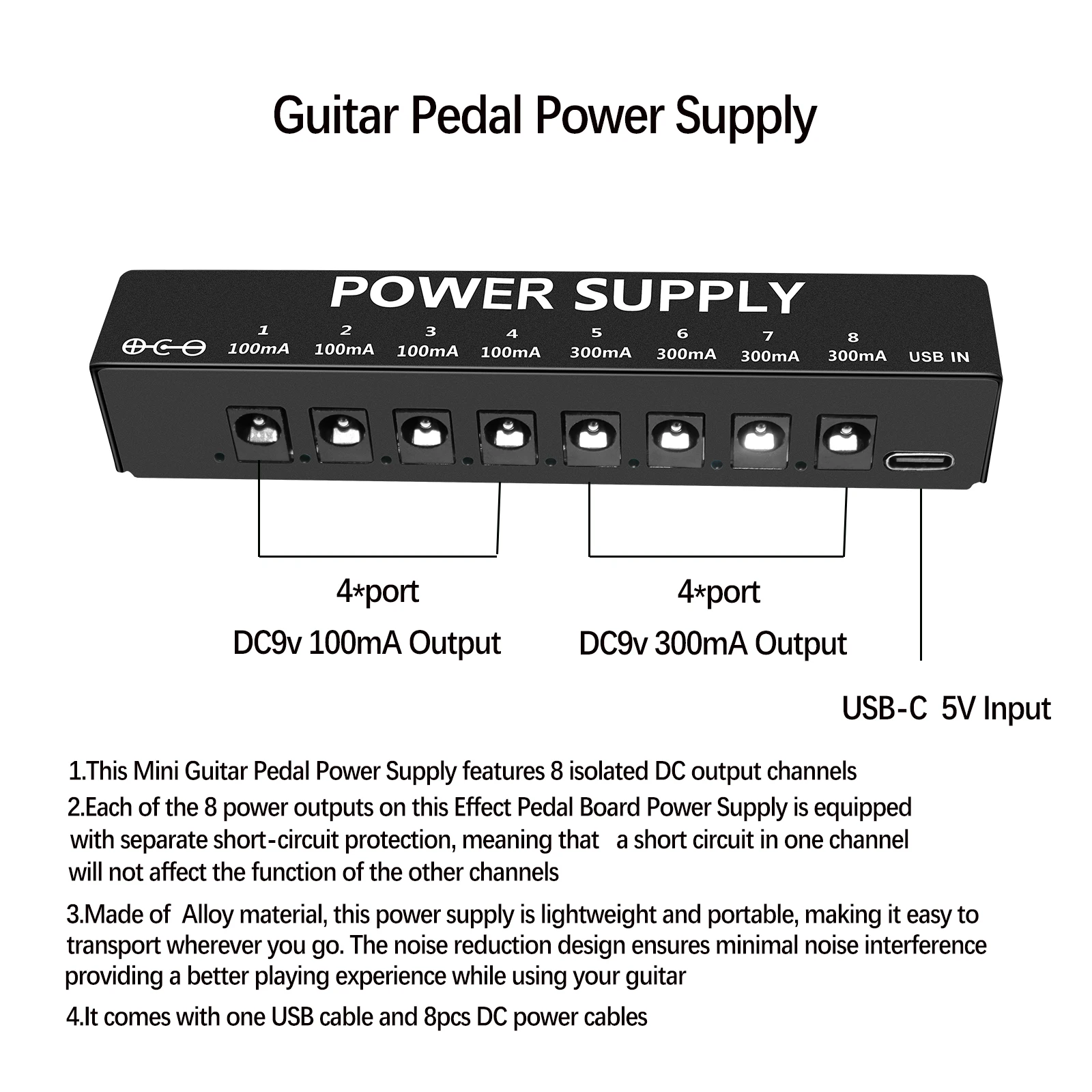Guitar Pedal Power Supply for Effect Pedal, 8 Isolated DC Output for 9V Pedal, Super Mini