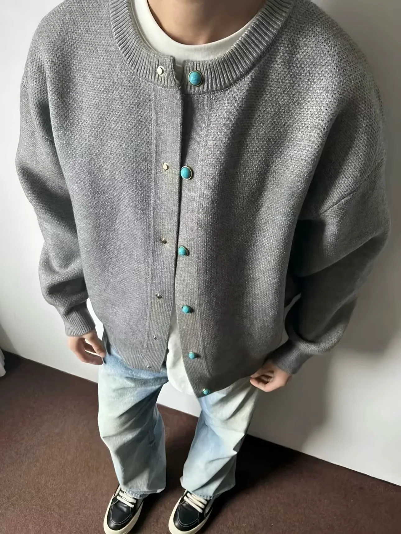 

American Sle Loose Fit Knitted Cardigan Men's Autumn Winter round Ne Sweater Comfortable Breathable Casual Long Sve