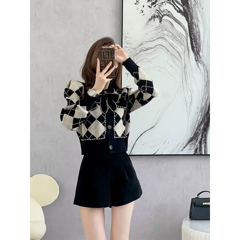 Women Clothing New Fashion Black Plaid Bow Knitted Cardigan Autumn Winter Elegant Slim O-neck Warm Sweater Diamonds Commute Top