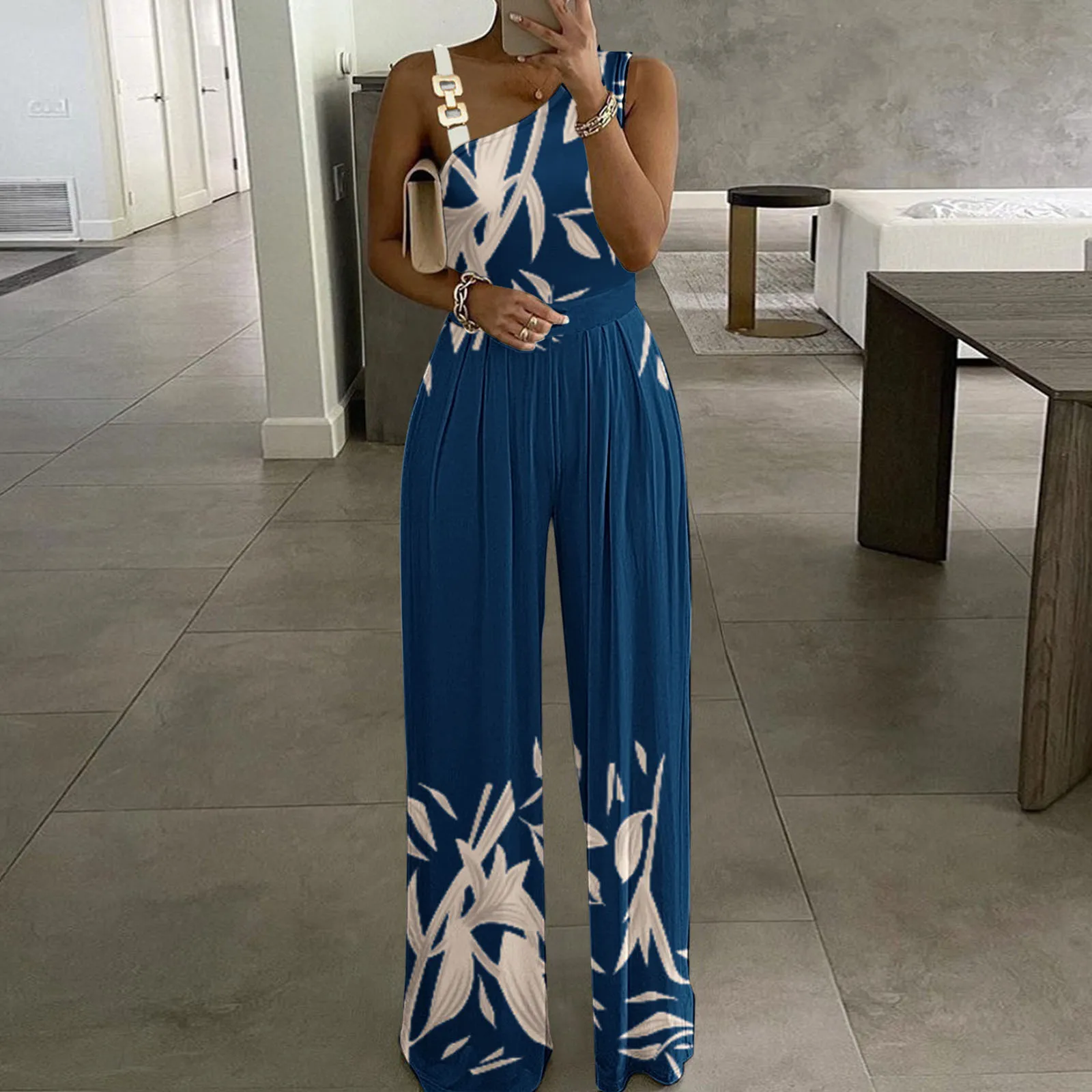 Ladies Sexy Metal Button Tank Top High Waist Wide Leg Jumpsuit Printing Jumpsuit Women's Jumpsuits And Rompers Elegant Rompers