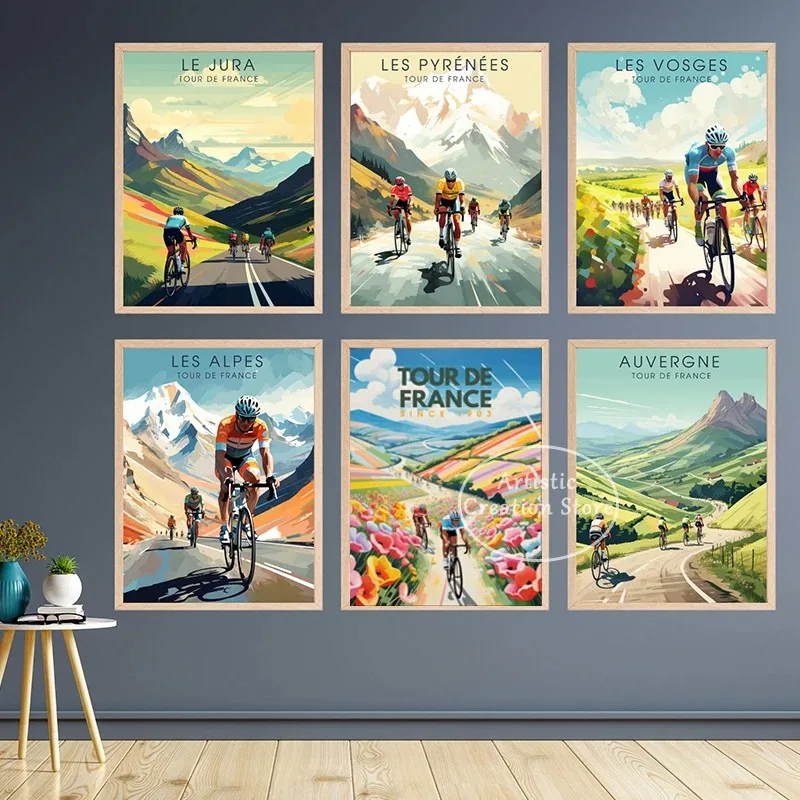 Bike and Cyclist Tour De France Poster Alpe D'Huez Circuit Landscape Prints Canvas Painting Wall Picture Living Room Home Decor