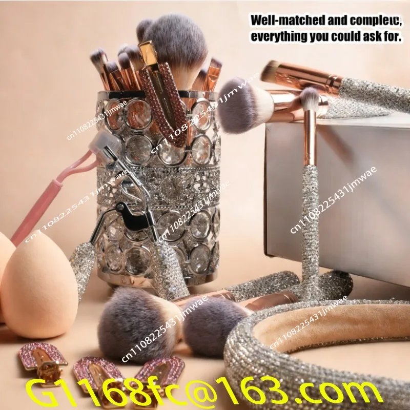 Hot-selling 32 Pieces, Luxury Diamond-encrusted Makeup Brush Set, Headband, Hair Clip, Eyelash Comb, Storage Bucket.