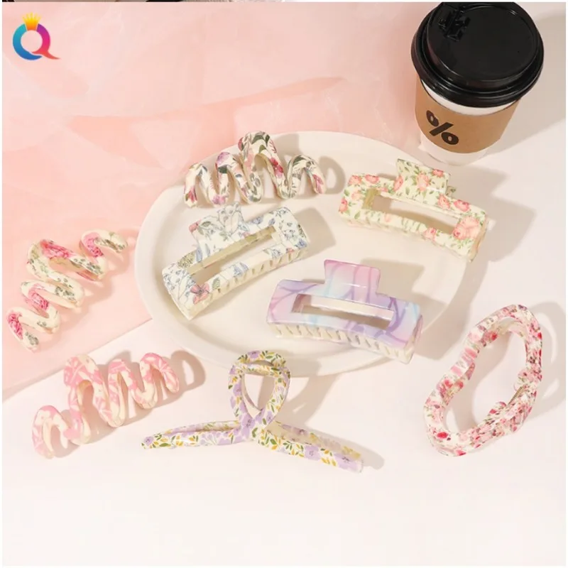 

Korean version of sweet pattern jelly color water transfer printing hairpin disc hair floral grab clip advanced shark clip