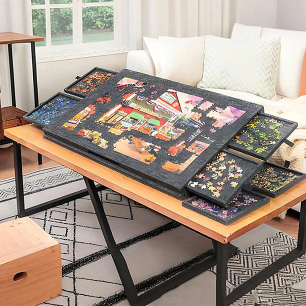 Plateforme de puzzle portable en feutre avec support et couvercle/Planche de puzzle en feutre, table de puzzle pour enfants avec 6 tiroirs pouvant contenir 1000 pièces