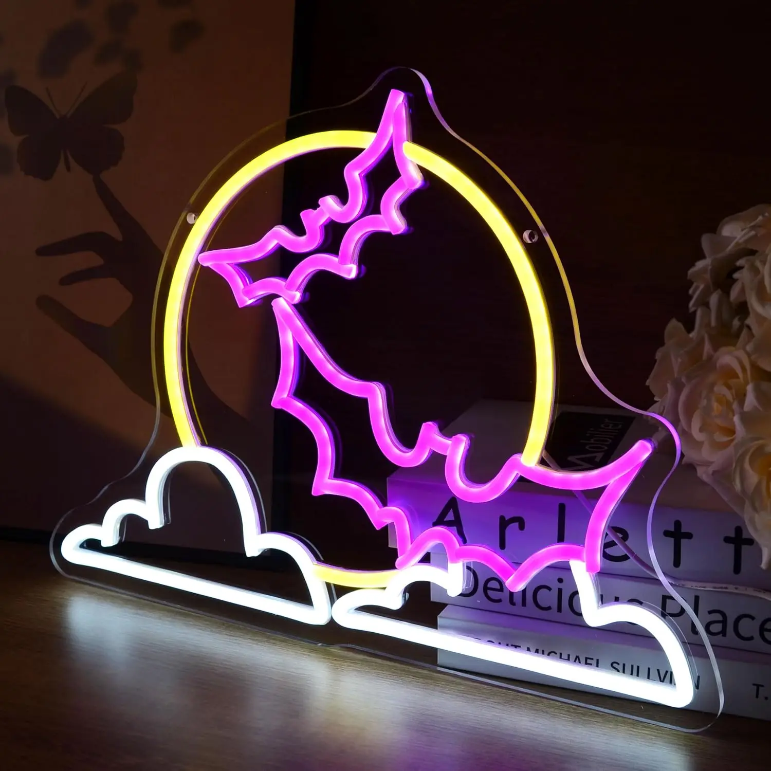 Bat Moon Cloud Neon Sign LED Neon Light USB Powered Wall Hanging Lamp Halloween Home Bedroom Window Holiday Party Decor Gift