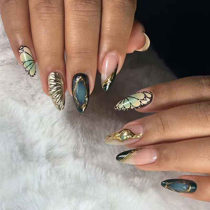 

24PCS Almond Nail Art Retro Luxury Press on Nails Dark Green Golden Butterfly Patterns French Design for Women Wearable Manicure