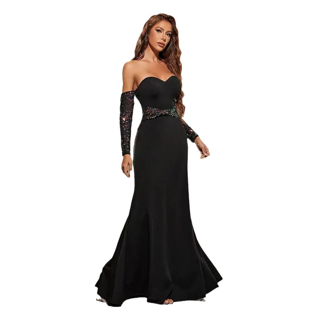 

Sexy Sweetheart Sequined Mermaid Long Formal Evening Black Dress With Half Sleeves