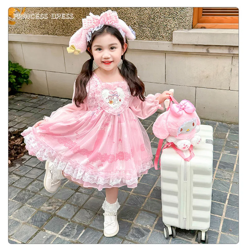 

My Melody Lolita Princess Dress For Girls,Pink Long Sleeve Party Dress,Kids Birthday Christmas Gift,Fall Formal Elegant Dress