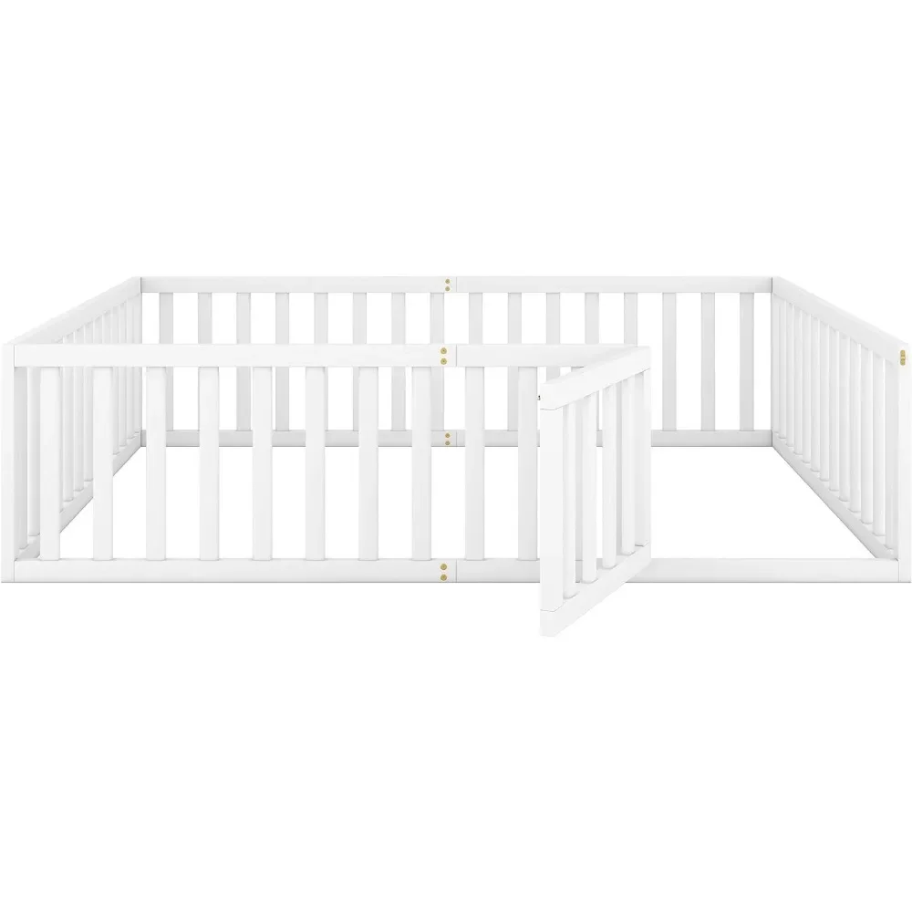 Multifunctional Queen Size Floor Bed with Safety Guardrails and Door,  Sturdy Solid Wood Beds Frame, for Boys and Girls Room