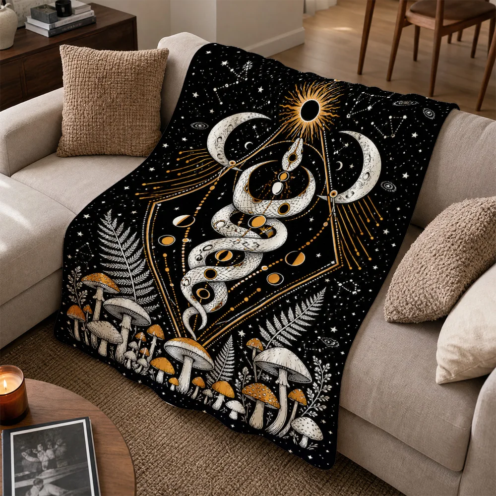 Bohemian Mystic Celestial Throw Blanket Sofa Cover Witchy Occult Art Mushroom Snake Stars Moon Tarot Tapestry Decor