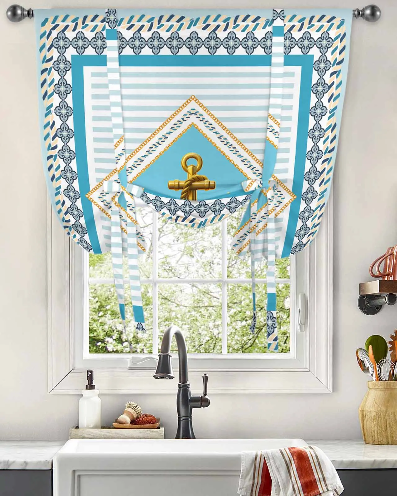 Anchor Stripes Window Curtains Tie Up Curtains for Kitchen Living Room Adjustable Rod Pocket Valances